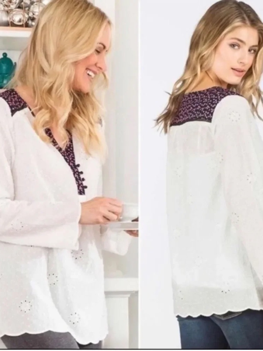 Matilda Jane Snow Globe Tunic top size small white eyelet floral blouse